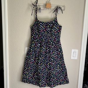 J. Crew — spaghetti tie strap, swing dress— navy with colored polka dots